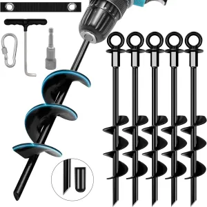 6 Pack Ground Anchors Screw in Screw in Spiral Trampoline Tie Down Anchor Kit Ground Anchors with Power Nut Driver Drill Bit Earth Anchor Heavy Duty Kit for Sheds, Camping Tents, Swing Sets, Canopies