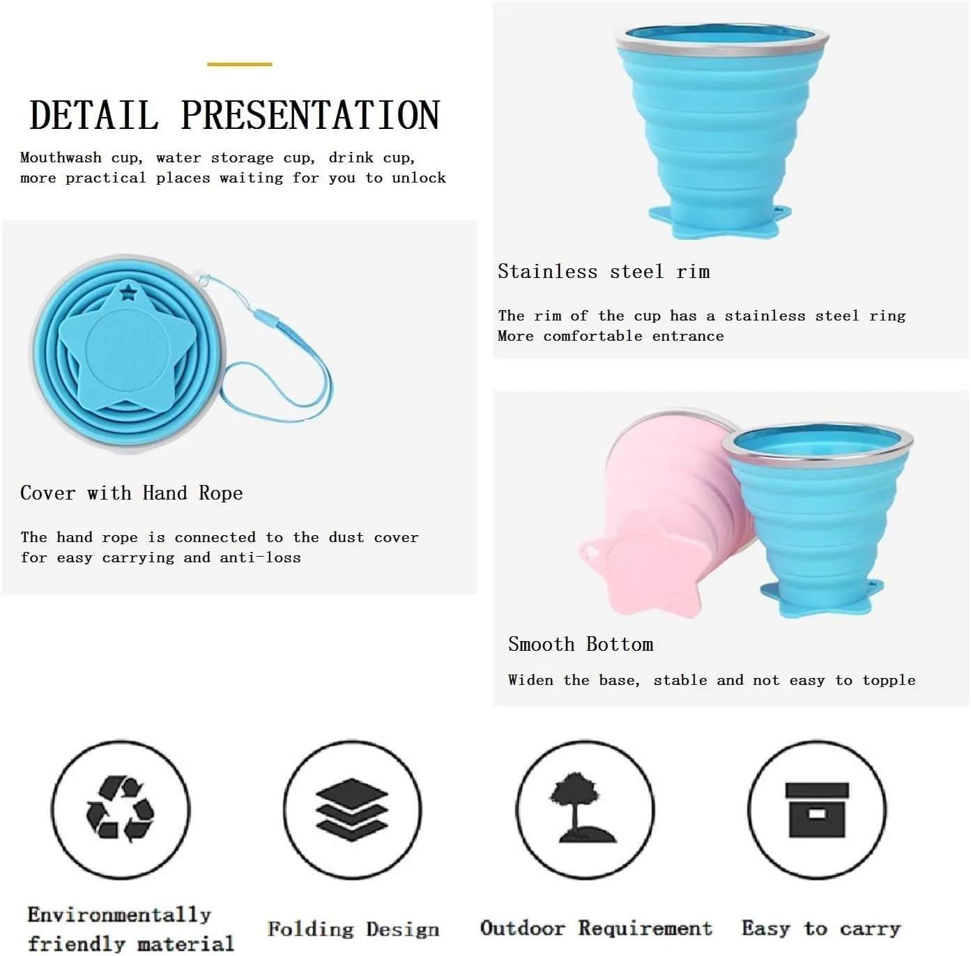 6 Pack Silicone Collapsible Travel Water Cup，Ultralight，Portable Camping Cup with Lids，Food Grade Mugs Set for Outdoor Drinking，6 Colors Available，Capacity：270ml /269