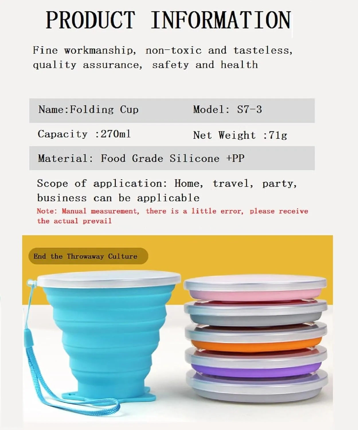 6 Pack Silicone Collapsible Travel Water Cup，Ultralight，Portable Camping Cup with Lids，Food Grade Mugs Set for Outdoor Drinking，6 Colors Available，Capacity：270ml /269