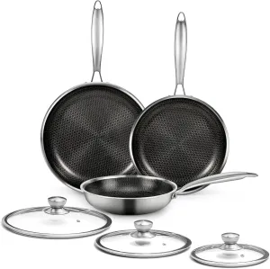 6 Pieces Stainless Steel Frying Pan Set with Lids, Honeycomb Nonstick Frying Pan Set 3 Pcs,Induction Skillet Set Egg Omelette Frying Pan Set W/Lid, Induction Compatible, PFOA Free