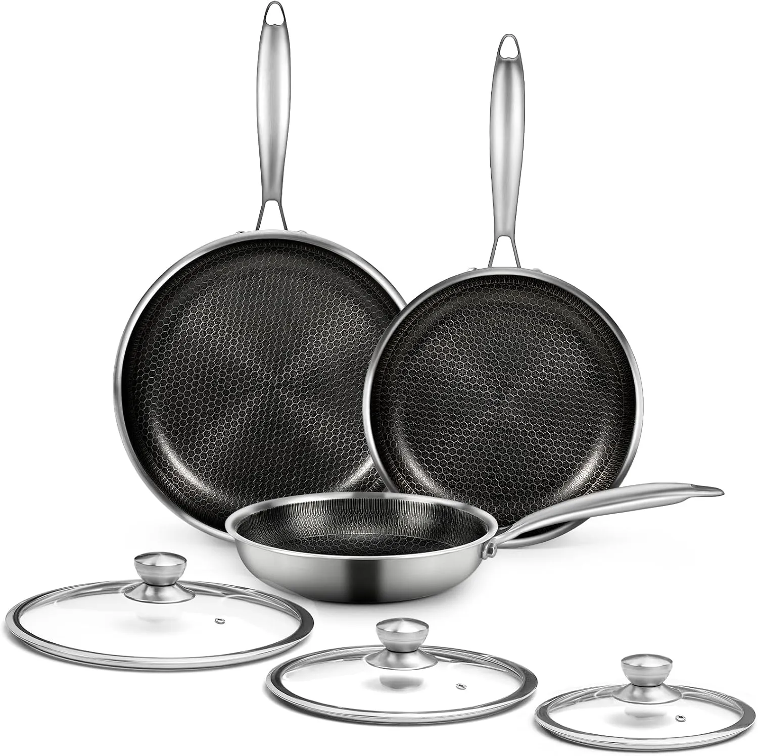 6 Pieces Stainless Steel Frying Pan Set with Lids, Honeycomb Nonstick Frying Pan Set 3 Pcs,Induction Skillet Set Egg Omelette Frying Pan Set W/Lid, Induction Compatible, PFOA Free