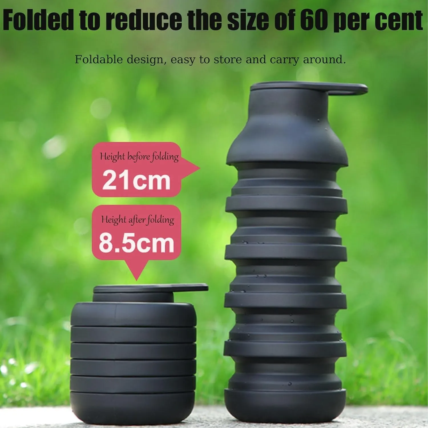 600ml Silicone Collapsible Portable Mug For Outdoor, Hiking, Cycling - Collapsible Water Bottle Reduces Space By 60%, Leak-Proof Design With Carabiner Closure (Blue)