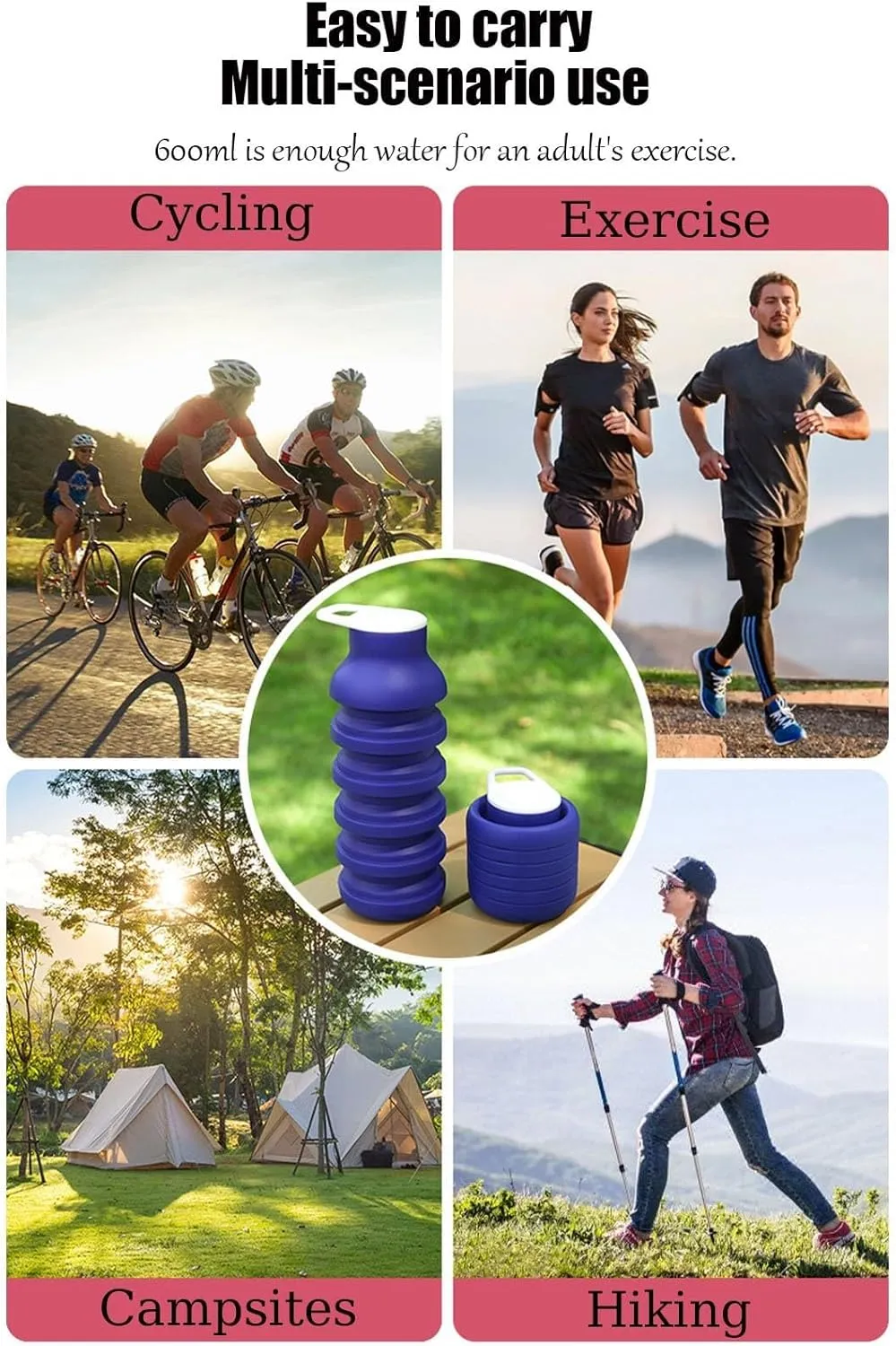 600ml Silicone Collapsible Portable Mug For Outdoor, Hiking, Cycling - Collapsible Water Bottle Reduces Space By 60%, Leak-Proof Design With Carabiner Closure (Blue)