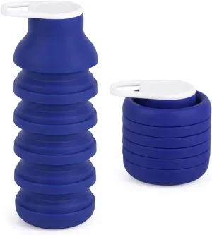 600ml Silicone Collapsible Portable Mug For Outdoor, Hiking, Cycling - Collapsible Water Bottle Reduces Space By 60%, Leak-Proof Design With Carabiner Closure (Blue)