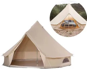 6m Khaki 4-Season Bell Tent - 10-12 Person Cotton Camping Tent with PVC Waterproof Rainfly, Aluminum Poles, Free Standing, Chimney, Goundsheet - Camping & Hiking, Party