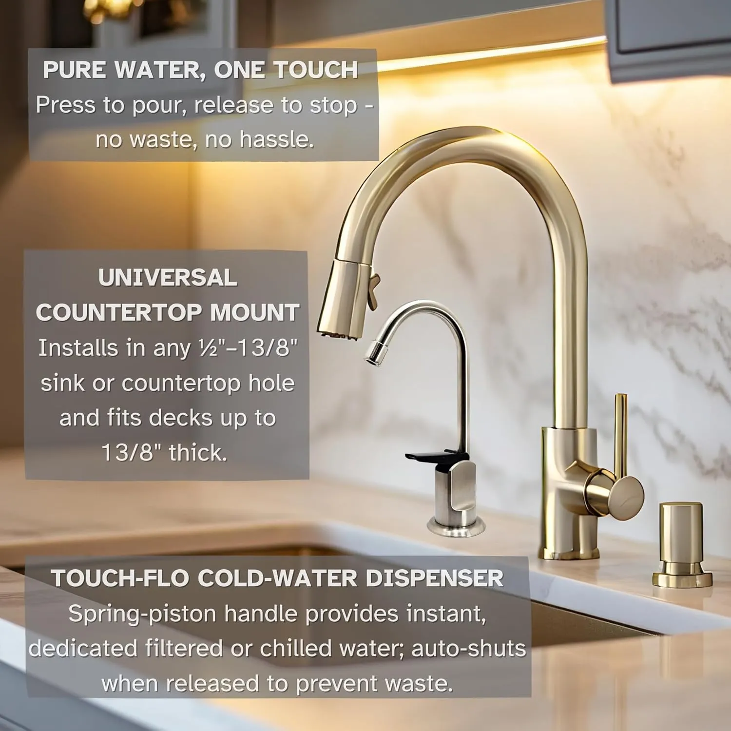 6" Touch-Flo Style Pure Water Dispenser Faucet with Under Sink in-Line Water Filter Unit, A203F-07, Satin Nickel