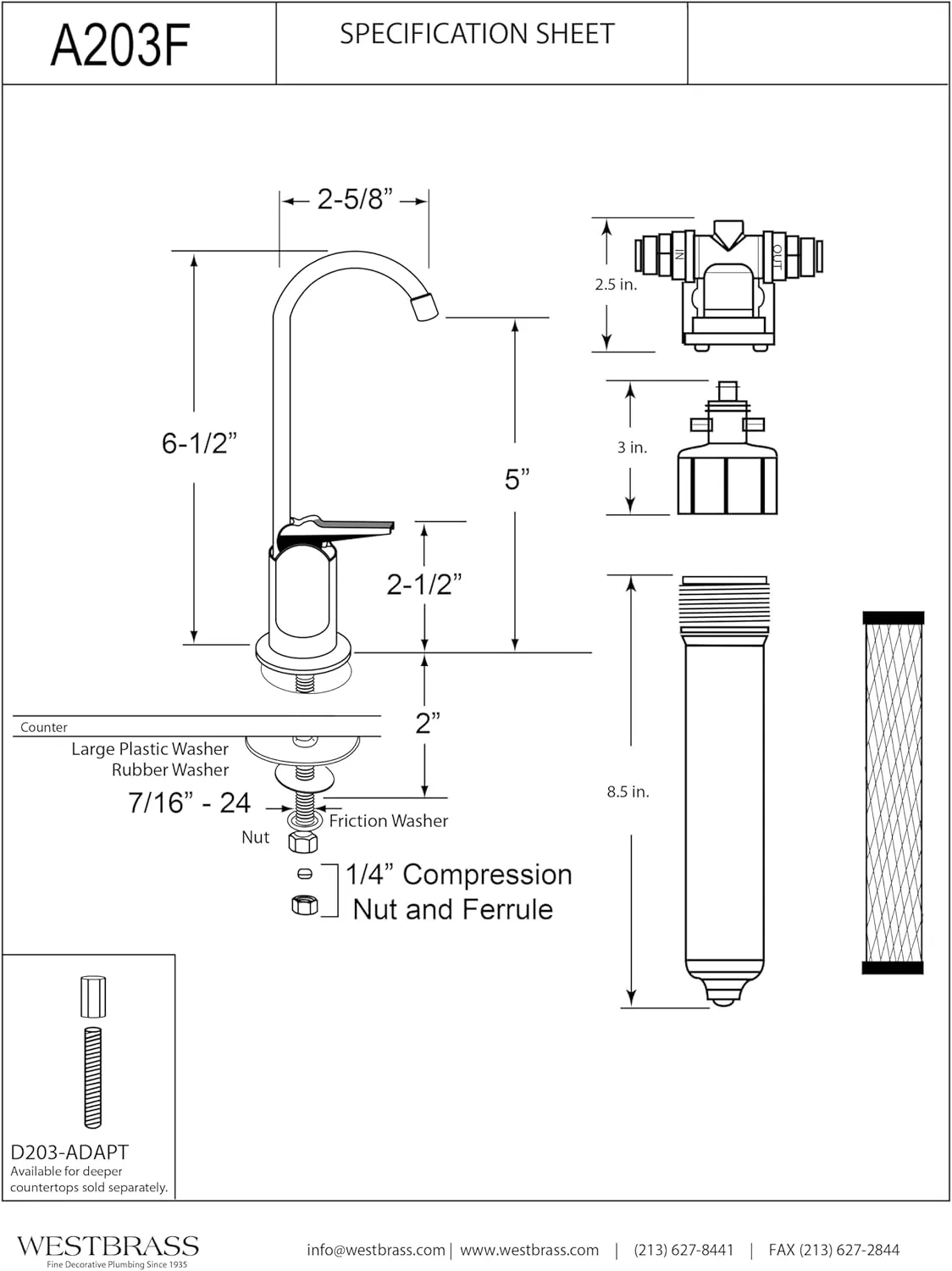6" Touch-Flo Style Pure Water Dispenser Faucet with Under Sink in-Line Water Filter Unit, A203F-07, Satin Nickel