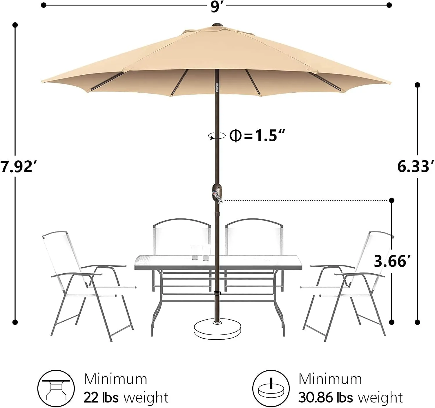7.5Ft/9Ft Patio Umbrella, UV Protect Pool Umbrella with Heavy Duty Pole,Outdoor Umbrella with Push Botton Tilt & Crank