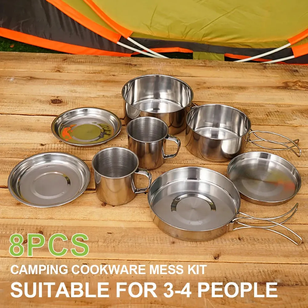 8 Pcs Stainless Steel Camping Cookware Set - Mess Kit for Outdoor Cooking