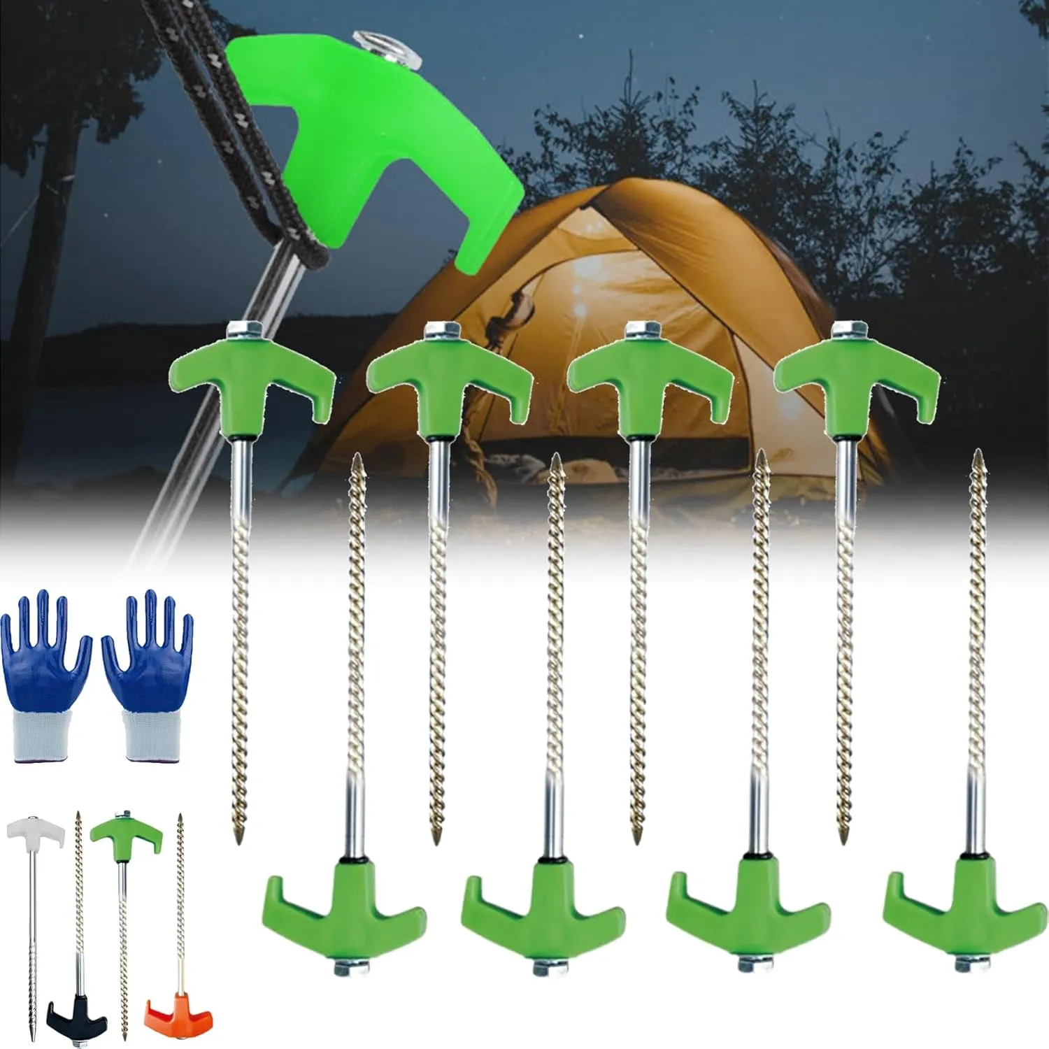 8" Screw in Tent Stakes - Ground Anchors Screw in, Luminous 8 Screw in Tent Stakes Stainless Steel, Screw in Ground Anchors for Camping Patio, Garden, Canopies, Grassland (8PCS Green)