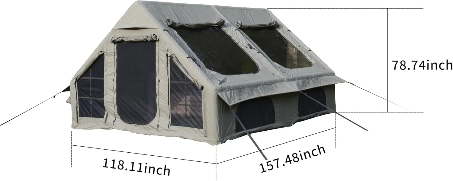 9.8 x13 FT Inflatable Camping Tents with Hand Pump, Air Glamping Tents, Easy Setup Blow up Tent, 4 Seasons Cabin Tent with Mesh & Chimney Window