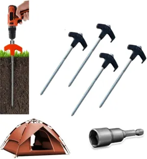 9.8" Screw in Tent Stakes - Ground Anchors Screw in,2024 Upgrade Tent Pegs Camping Tent Stakes Heavy Duty,Stainless Steel Threaded Tent Spikes with Hex Head Driver(Black 4PCS)