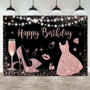 9x6ft Black Pink Happy Birthday Backdrop Champagne High Heels Bday Photography Background Girls Women Birthday Banner Decorations Kids Adults Portrait Photo Booth Prop
