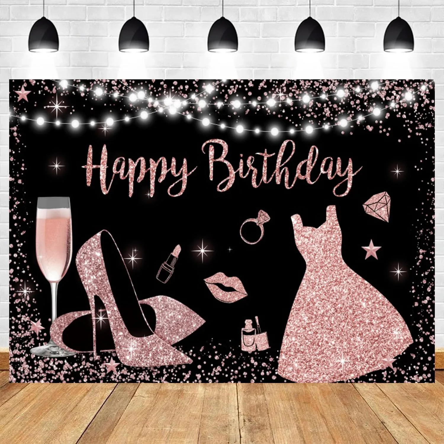 9x6ft Black Pink Happy Birthday Backdrop Champagne High Heels Bday Photography Background Girls Women Birthday Banner Decorations Kids Adults Portrait Photo Booth Prop
