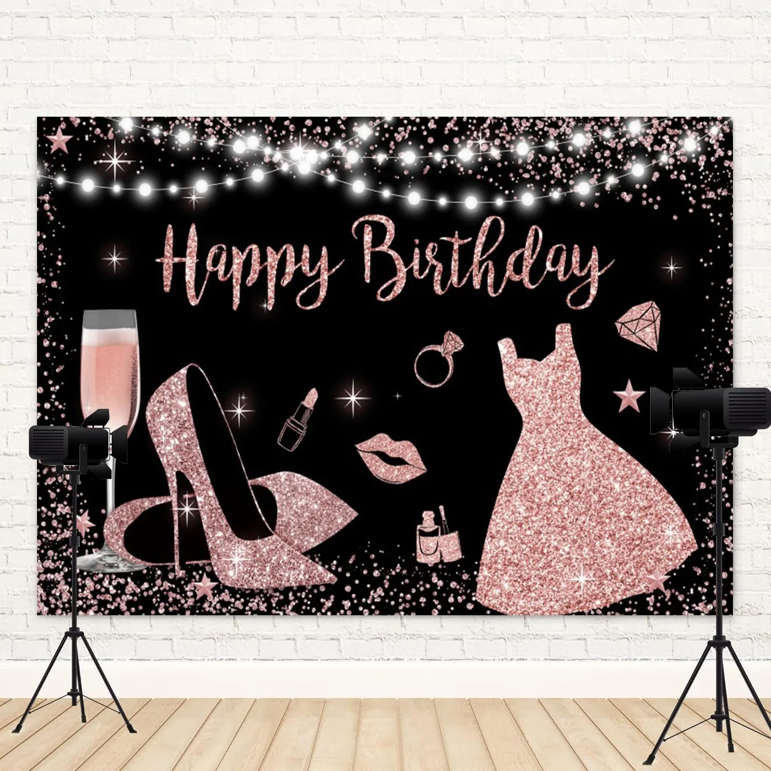 9x6ft Black Pink Happy Birthday Backdrop Champagne High Heels Bday Photography Background Girls Women Birthday Banner Decorations Kids Adults Portrait Photo Booth Prop