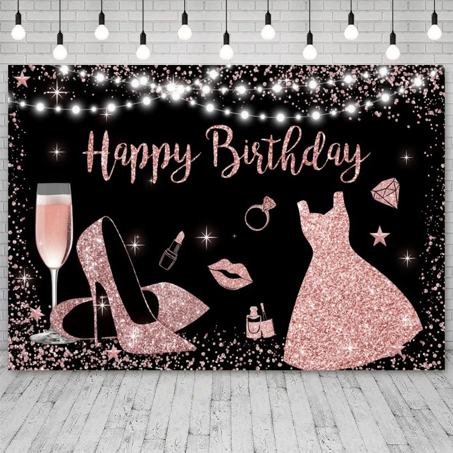 9x6ft Black Pink Happy Birthday Backdrop Champagne High Heels Bday Photography Background Girls Women Birthday Banner Decorations Kids Adults Portrait Photo Booth Prop