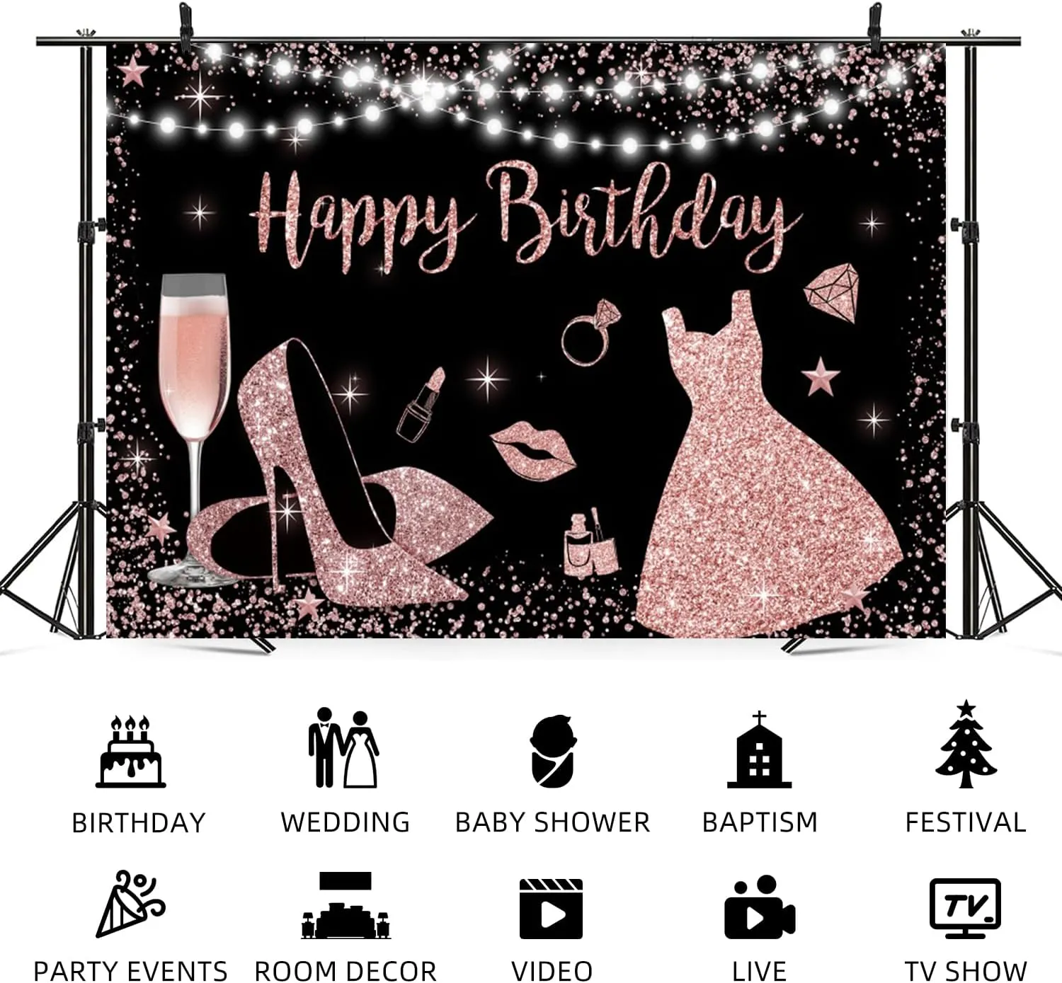 9x6ft Black Pink Happy Birthday Backdrop Champagne High Heels Bday Photography Background Girls Women Birthday Banner Decorations Kids Adults Portrait Photo Booth Prop