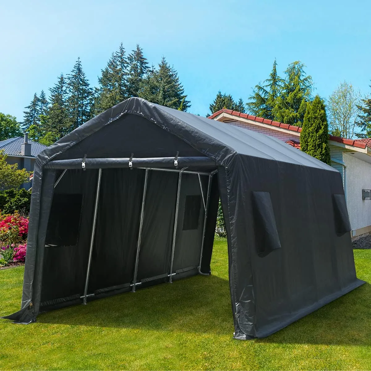 ADVANCE OUTDOOR 10X20 ft Carport Heavy Duty Outdoor Patio Portable Canopy Storage Shelter Shed with 2 Rolled up Zipper Doors & Vents for Snowmobile Garden Tools, Gray