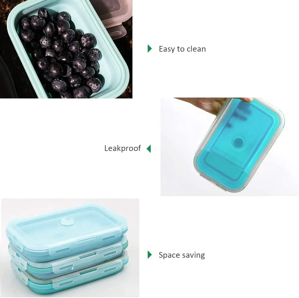 Alimat PluS 40.5oz Silicone Food Storage Containers, 3 Pack Set 1200ml Collapsible Food Storage Containers with Lids(Blue)