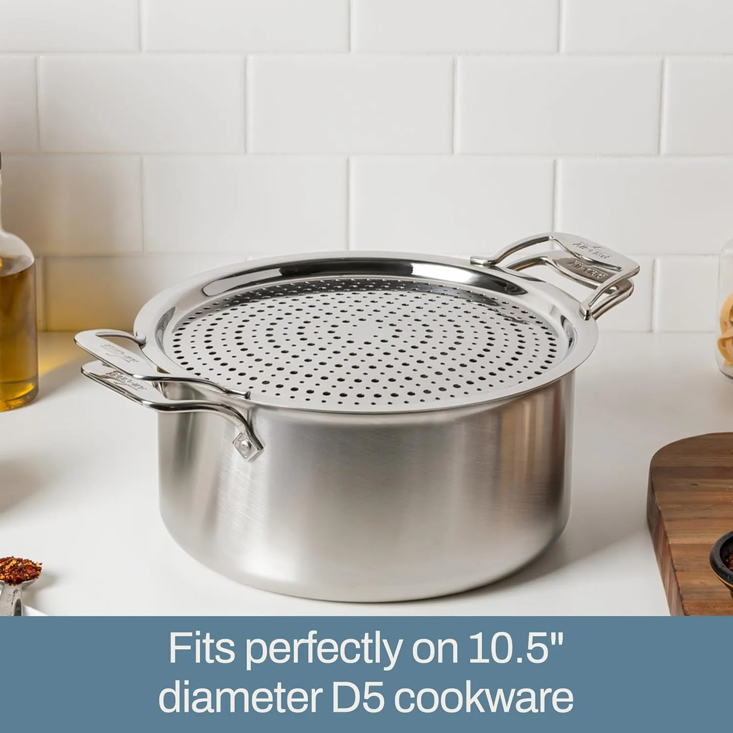 All-Clad Accessory, Stainless Steel Strain & Splatter Guard, 10.5-Inch, Easy, Mess-Free Straining, Multifunctional Design, Pots and Pans, Cookware, Kitchen Gadgets, Cooking Tools, Silver