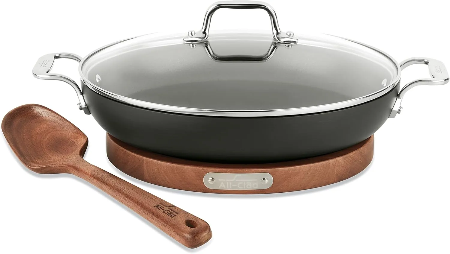 All-Clad HA1 Hard Anodized Nonstick Universal Pan with Acacia Trivet and Spoon 4 Piece, 3 Quart Induction Oven Broiler Safe 500F, Lid Safe 350F Pots and Pans, Cookware Black