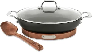 All-Clad HA1 Hard Anodized Nonstick Universal Pan with Acacia Trivet and Spoon 4 Piece, 3 Quart Induction Oven Broiler Safe 500F, Lid Safe 350F Pots and Pans, Cookware Black