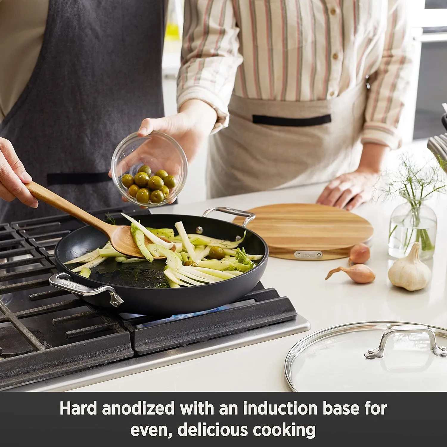 All-Clad HA1 Hard Anodized Nonstick Universal Pan with Acacia Trivet and Spoon 4 Piece, 3 Quart Induction Oven Broiler Safe 500F, Lid Safe 350F Pots and Pans, Cookware Black