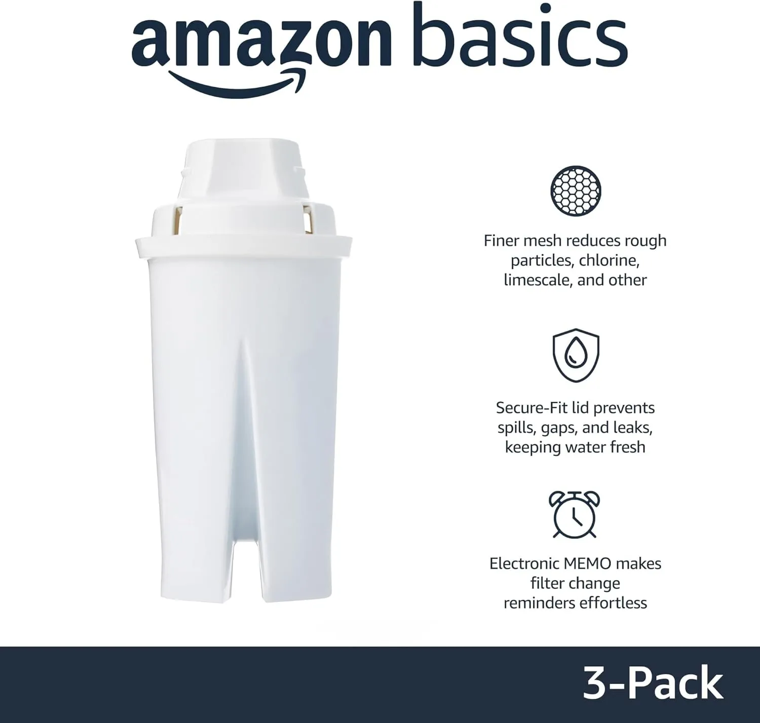 Amazon Basics Replacement Water Filters for Filtered Water Pitchers - Brita Pitcher Compatible, Clean & Crisp, WQA & NSF Certified, Made in Europe (3 Count)