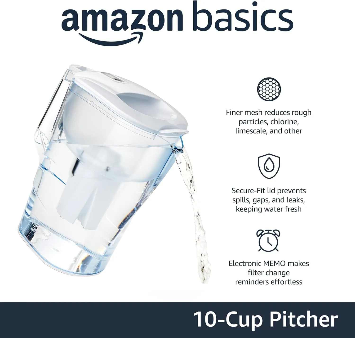 Amazon Basics Water Filter Pitcher for Fridge - 10-Cup Water Pitcher with Filter Compatible with Brita Water Pitchers & Dispensers for Clean, Crisp Water, WQA and NSF Certified, Made in Europe