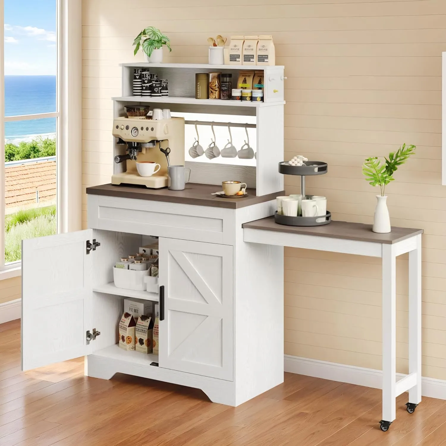 ANCTOR Coffee Bars Farmhouse Cabinet with Hutch, 56.7'' Extendable Kitchen Buffet Sideboard with 5 Hooks, Magnetic Note Zone Adjustable Shelves, White Wine Cabinet for Dining Room