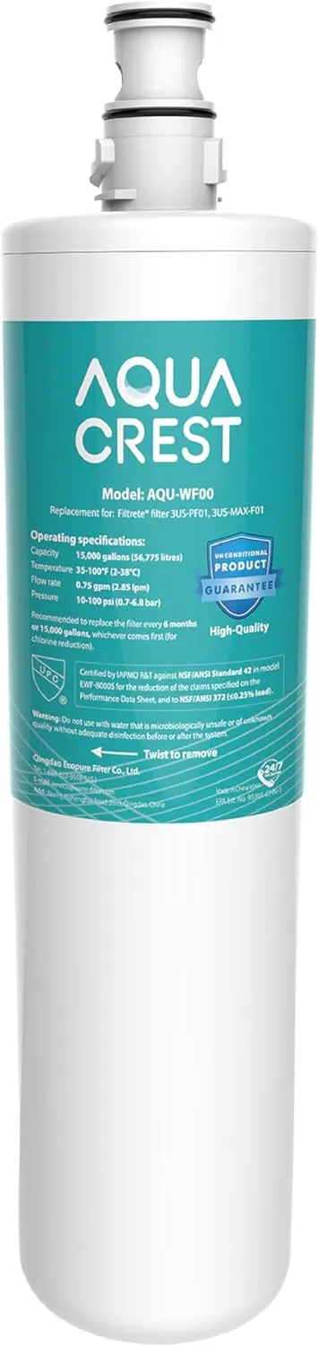AQUA CREST 3US-PF01 Under Sink Water Filter, NSF/ANSI 42 Certified Replacement for Filtrete® 3US-PF01, 3US-MAX-F01H, Delta RP78702, Manitowoc K-00337, K-00338, HF20 HF25 HF27 Water Filter, No.AQU-WF00