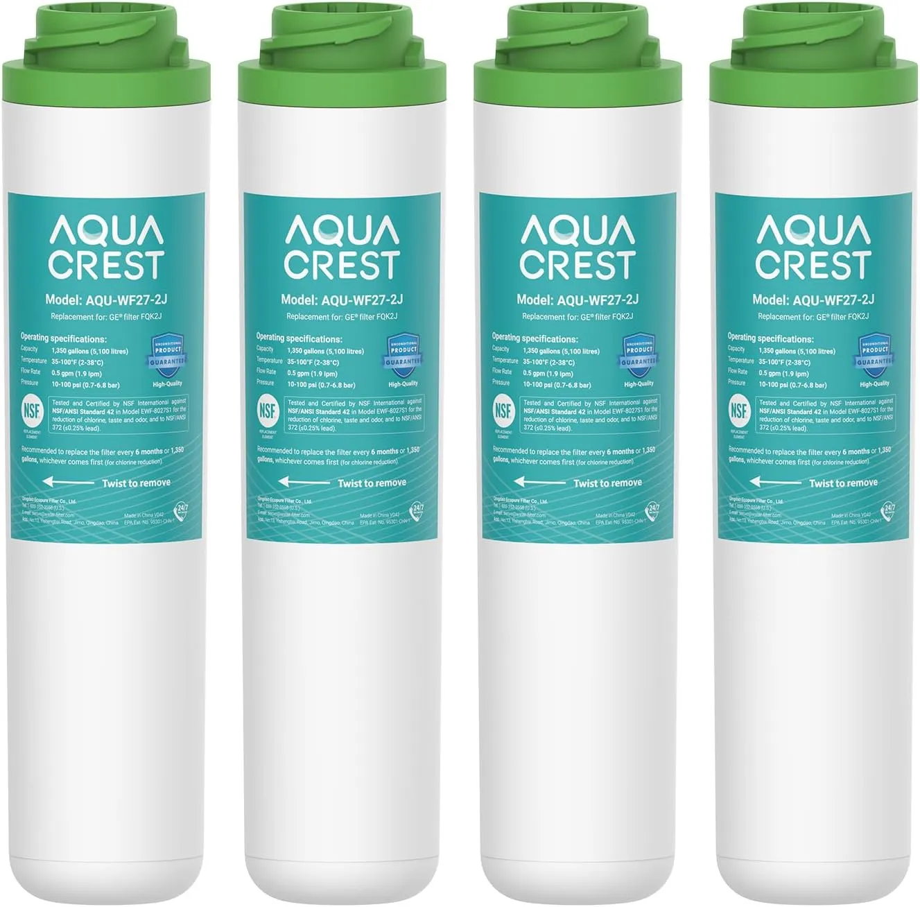 AQUA CREST FQK2J Under Sink Water Filter, Replacement for GE FQK2J, FQK1K, 1350 Gallons Dual Flow Drinking Water Replacement Filters (4 Count)