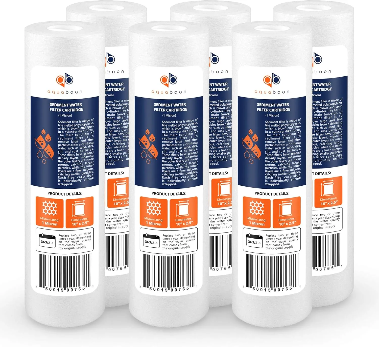 Aquaboon 1 Micron Whole House Sediment Filter 10 x 2.5 for RO & Well Water Filters Replacement Cartridges Compatible with AP110, WHKF-GD05, 6 Pack