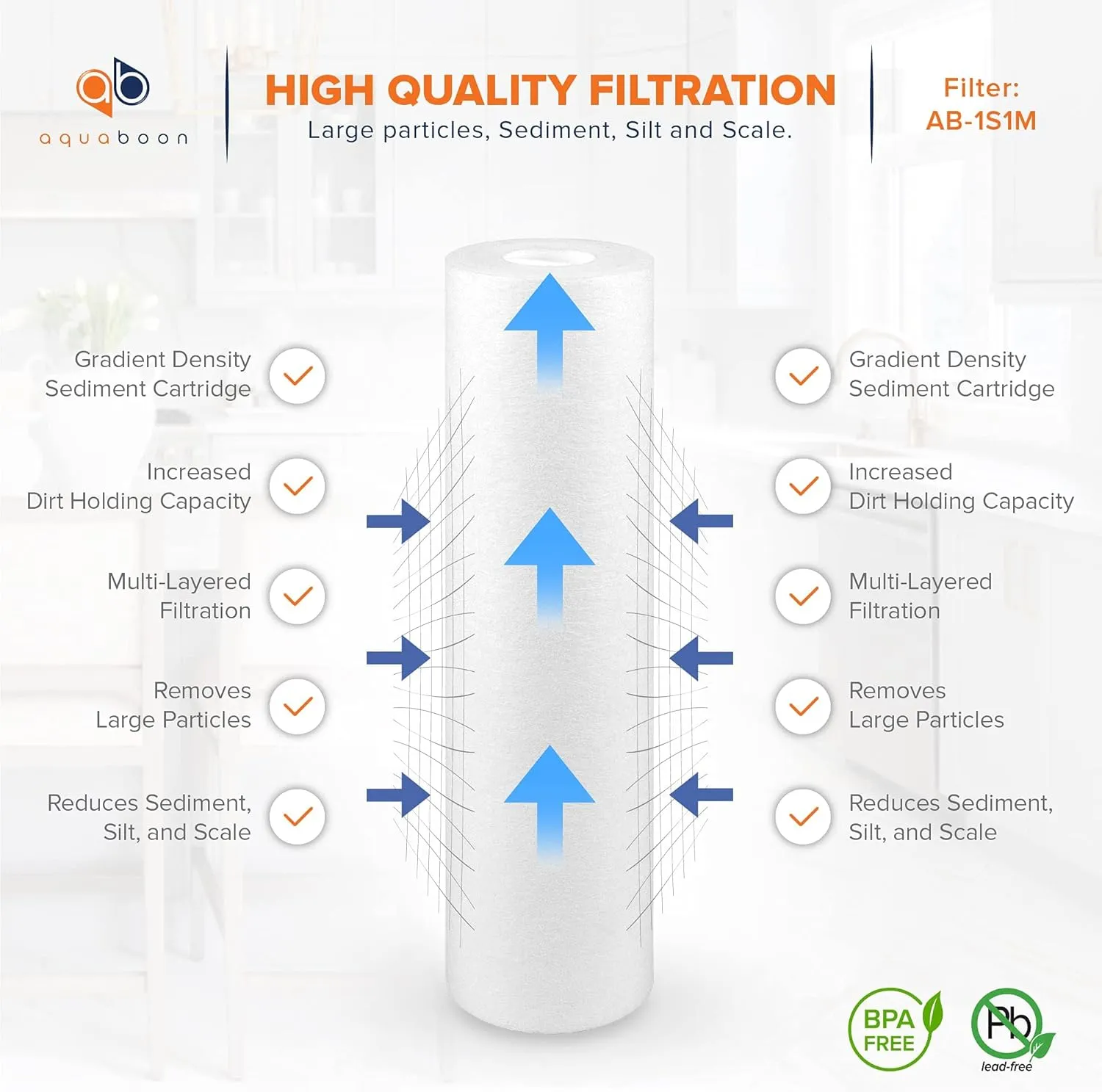 Aquaboon 1 Micron Whole House Sediment Filter 10 x 2.5 for RO & Well Water Filters Replacement Cartridges Compatible with AP110, WHKF-GD05, 6 Pack
