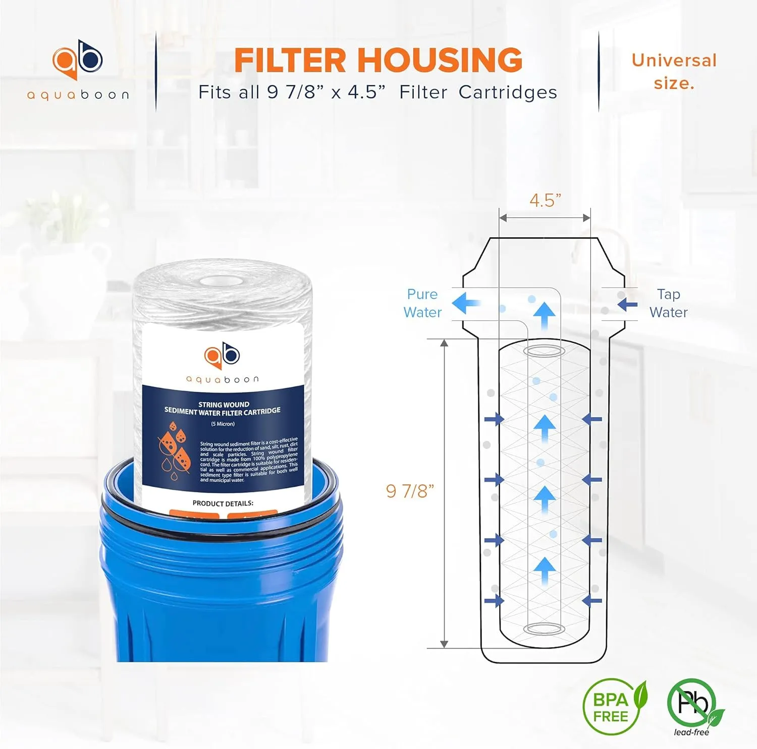 Aquaboon 5 Micron Water Filter 10 x 4.5 inch - String Wound Water Filter for Whole House System - Compatible with 84637, WPX5BB97P, PC10, 355214-45, 355215-45, WP10BB97P, WP5BB97P (4 Pack)