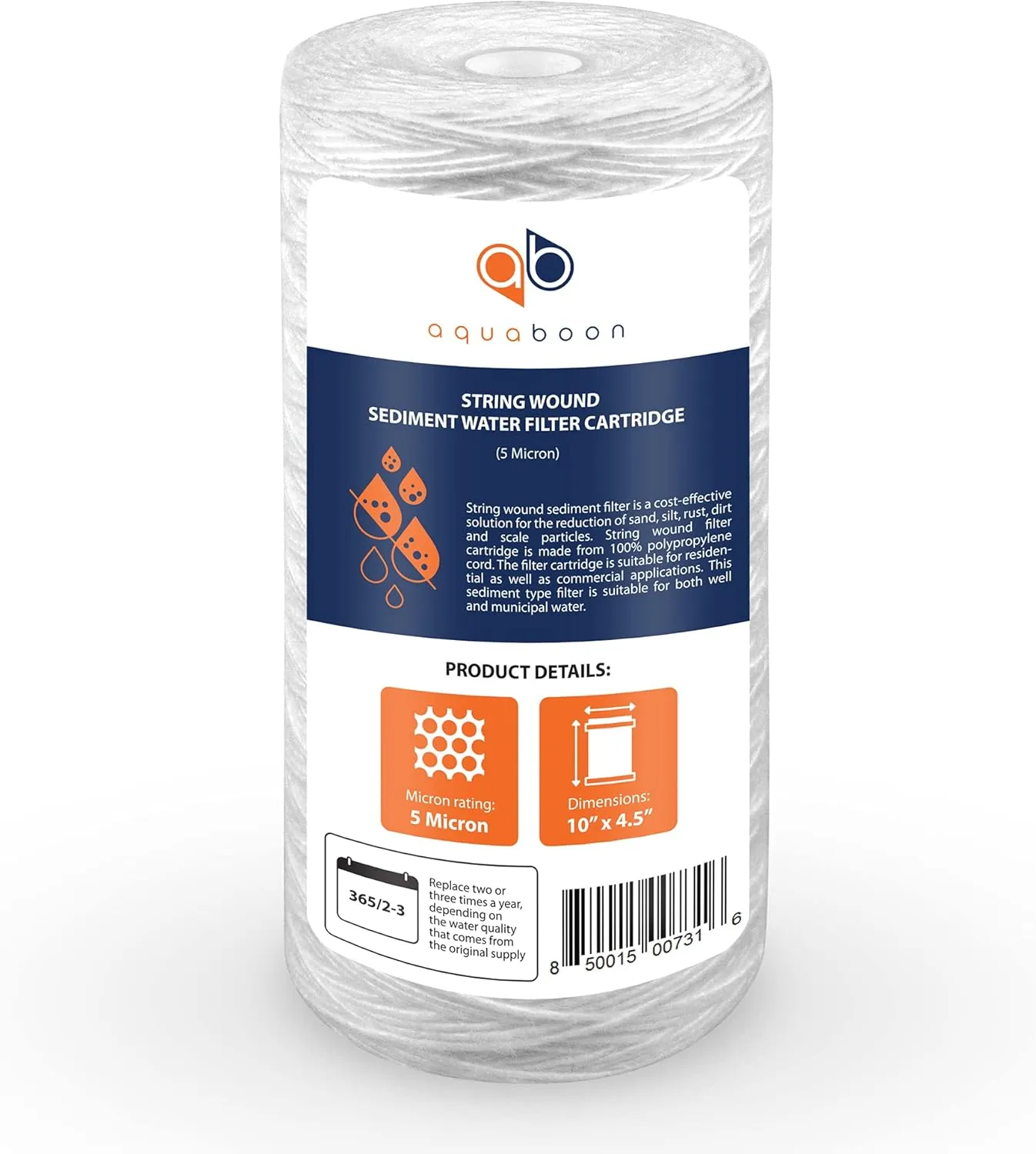 Aquaboon 5 Micron Water Filter 10 x 4.5 inch - String Wound Water Filter for Whole House System - Compatible with 84637, WPX5BB97P, PC10, 355214-45, 355215-45, WP10BB97P, WP5BB97P (4 Pack)