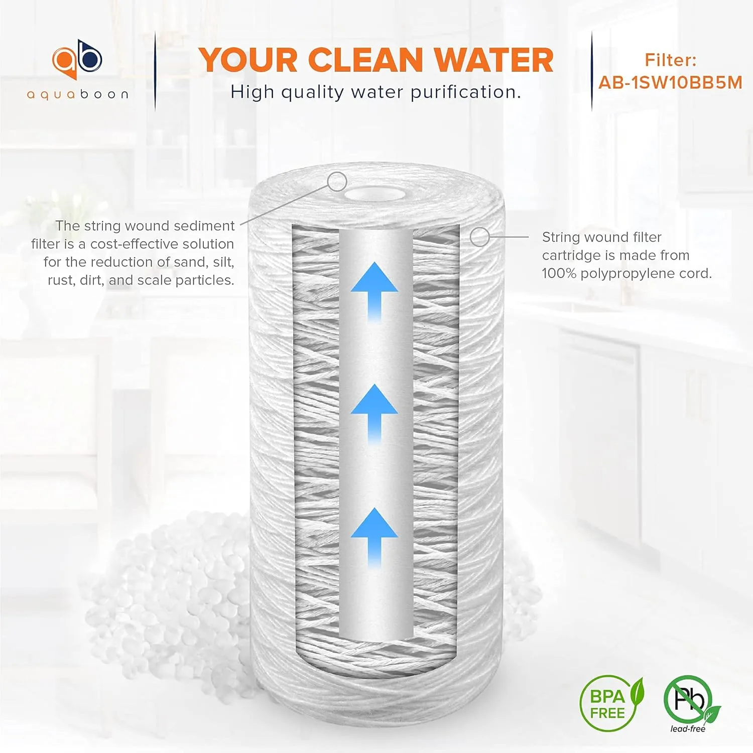 Aquaboon 5 Micron Water Filter 10 x 4.5 inch - String Wound Water Filter for Whole House System - Compatible with 84637, WPX5BB97P, PC10, 355214-45, 355215-45, WP10BB97P, WP5BB97P (4 Pack)