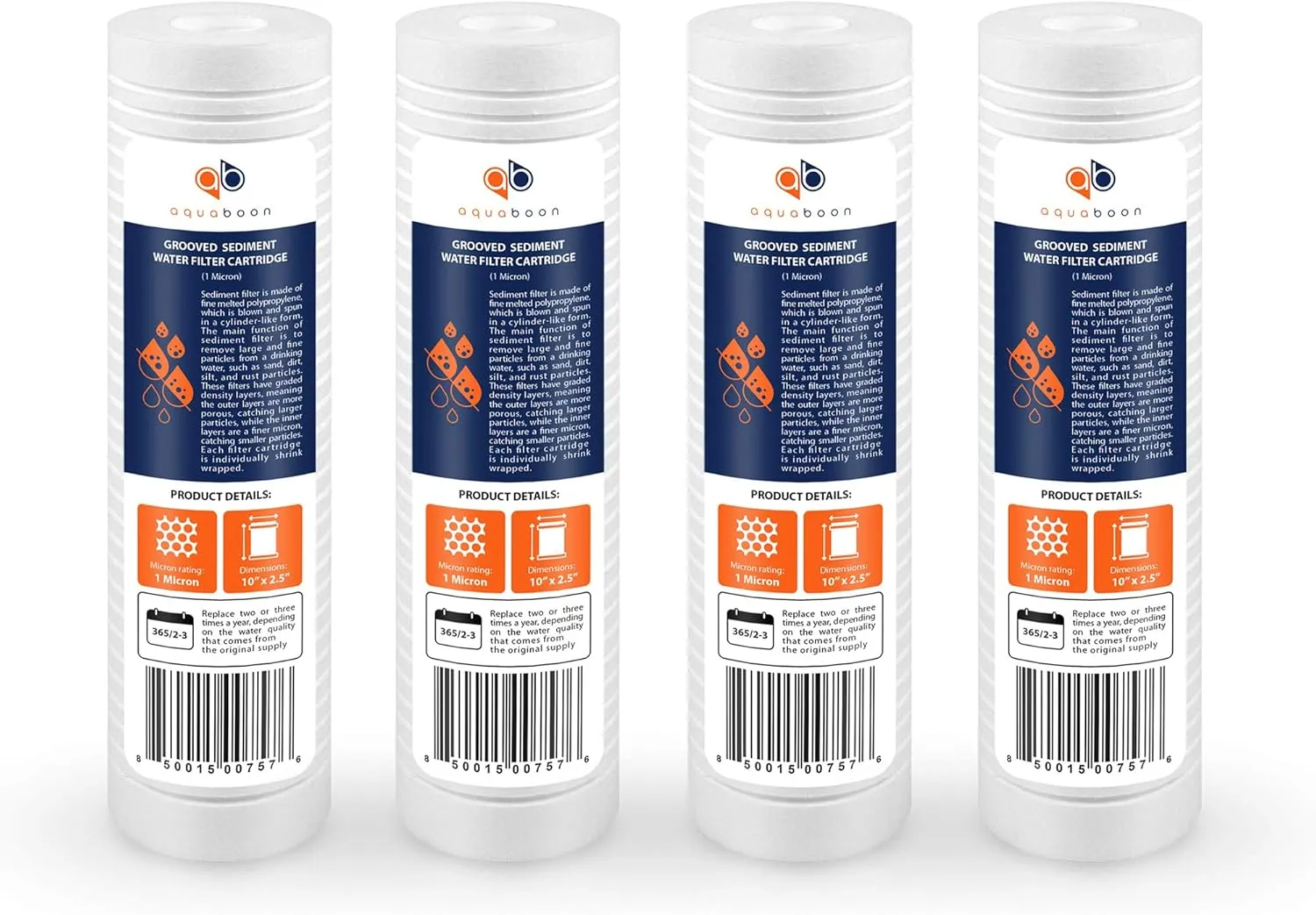 Aquaboon Whole House 1 Micron 10 x 2.5 PP Grooved Sediment Water Filter Cartridge Replacement Compatible with AP110, WHKF-GD05, CFS110, P5, 4-Pack