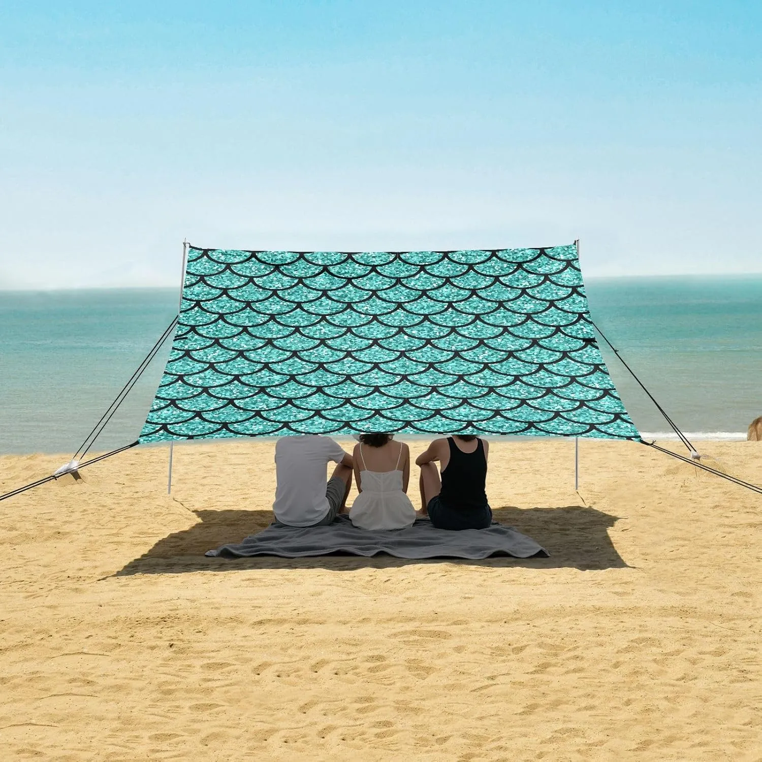 Aquamarine Glitter Scales Beach Canopy Tent Anti-UV & Wind Resistant, Mermaid Fish Camping Sun Shelter Easy Setup Portable,Outdoor Shade Tents with Sandbags,Sand Shovels,Ground Pegs & Stability