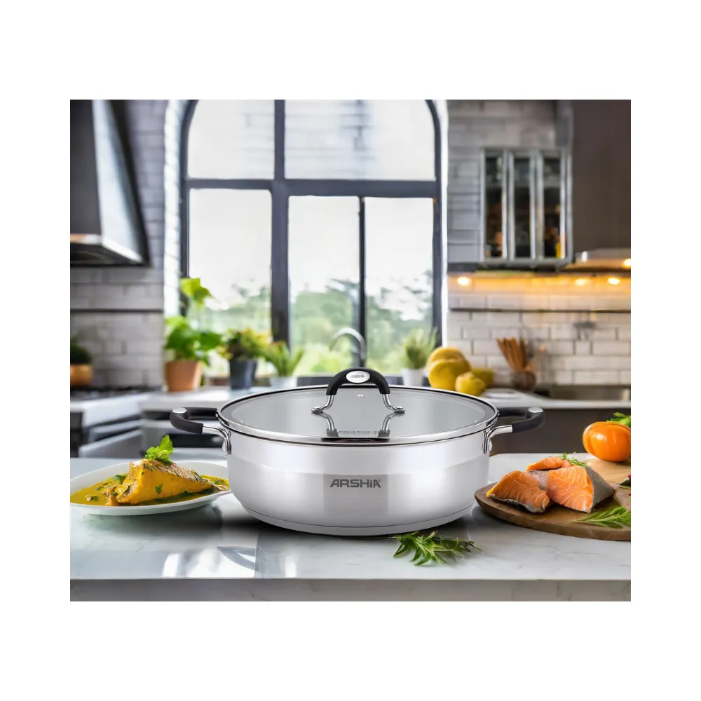 Arshia Stainless Steel Frypan Double Handle  with 2 Lids 32 cm