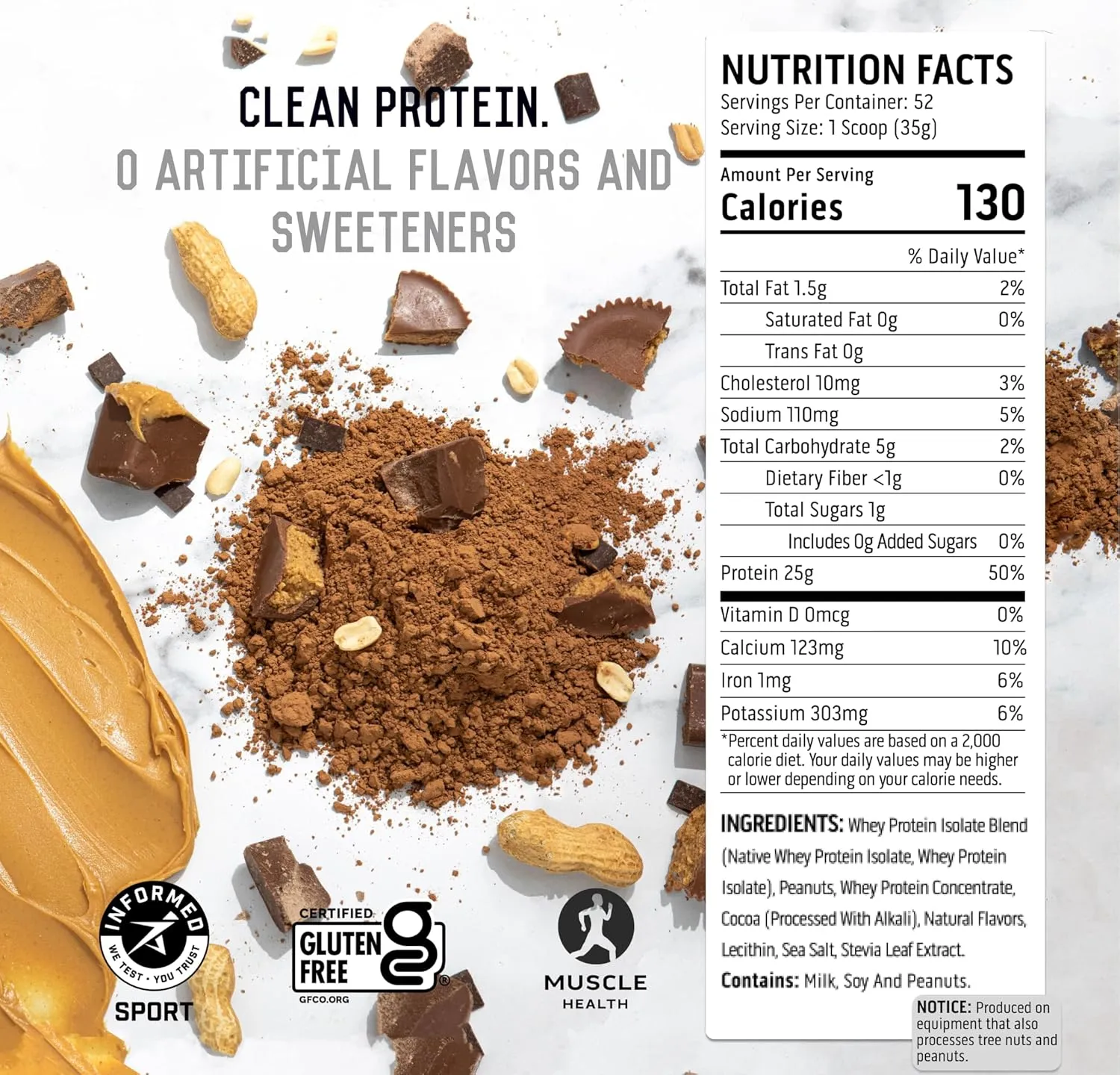 Ascent 100% Whey Protein Powder - Post Workout Whey Protein Isolate, Zero Artificial Flavors & Sweeteners, Gluten Free, 5.5g BCAA, 2.6g Leucine, Essential Amino Acids, Chocolate Peanut Butter 4 lb