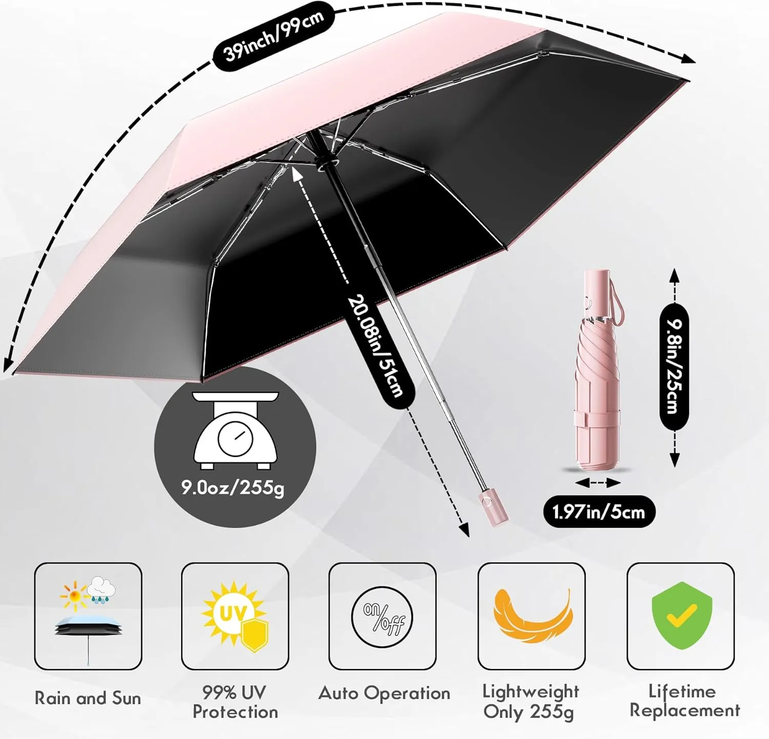 Automatic Mini Travel Windproof Folding Umbrella - UV Protection, Instant Open/Close for Rain/Sun, Small Compact Lightweight Design Fits in Tote Bag/Travel Case/Backpack for Commute,Women&Men