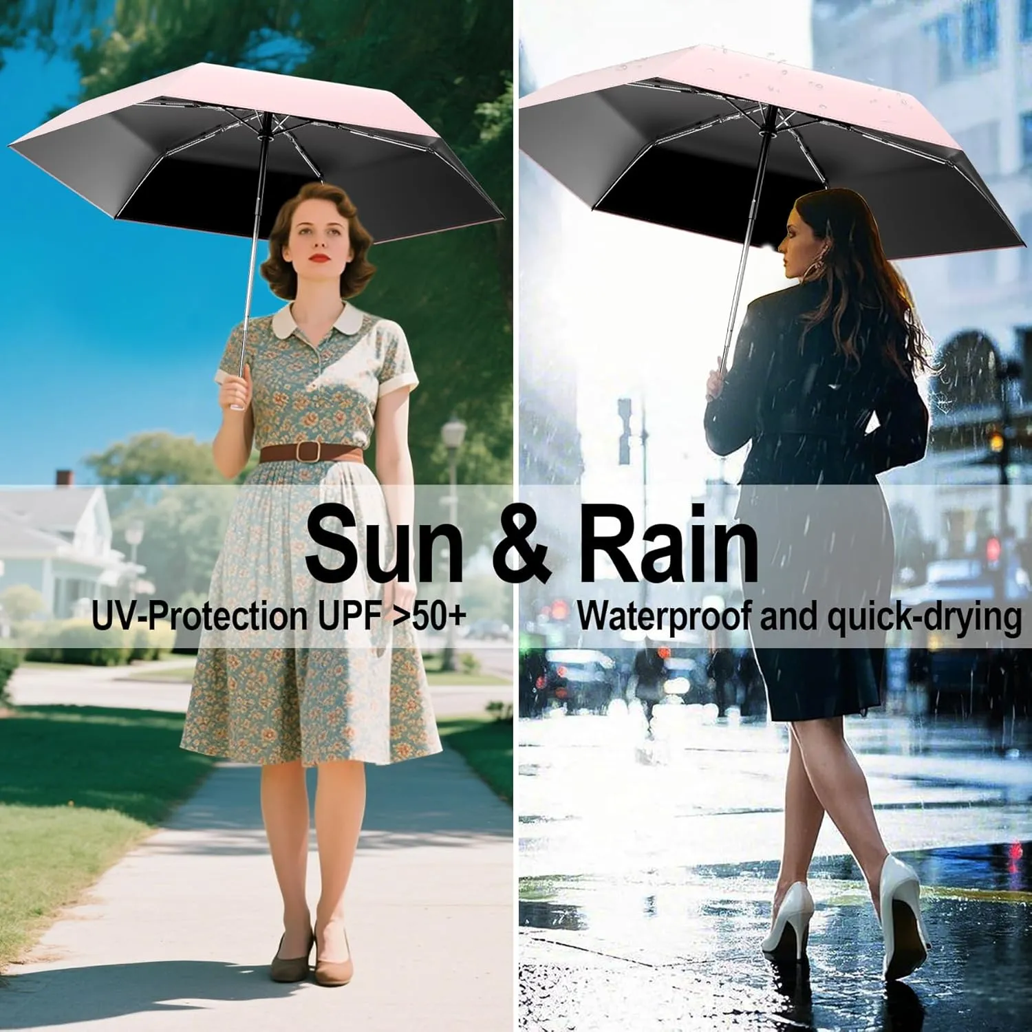 Automatic Mini Travel Windproof Folding Umbrella - UV Protection, Instant Open/Close for Rain/Sun, Small Compact Lightweight Design Fits in Tote Bag/Travel Case/Backpack for Commute,Women&Men