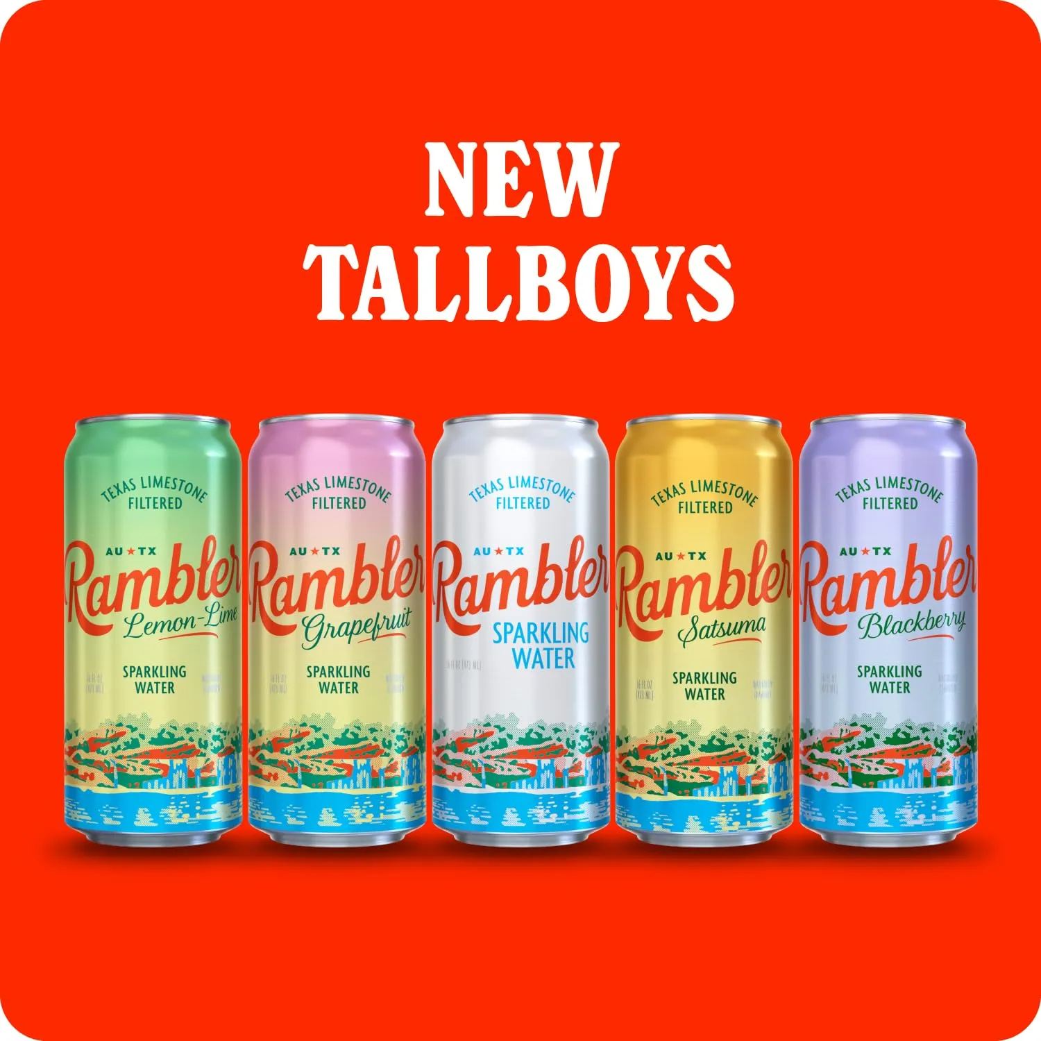 AUTX RAMBLER Lemon-Lime Sparkling Water, 16oz Tallboy Cans, 12-Pack, Texas Limestone Filtered Sparkling Water