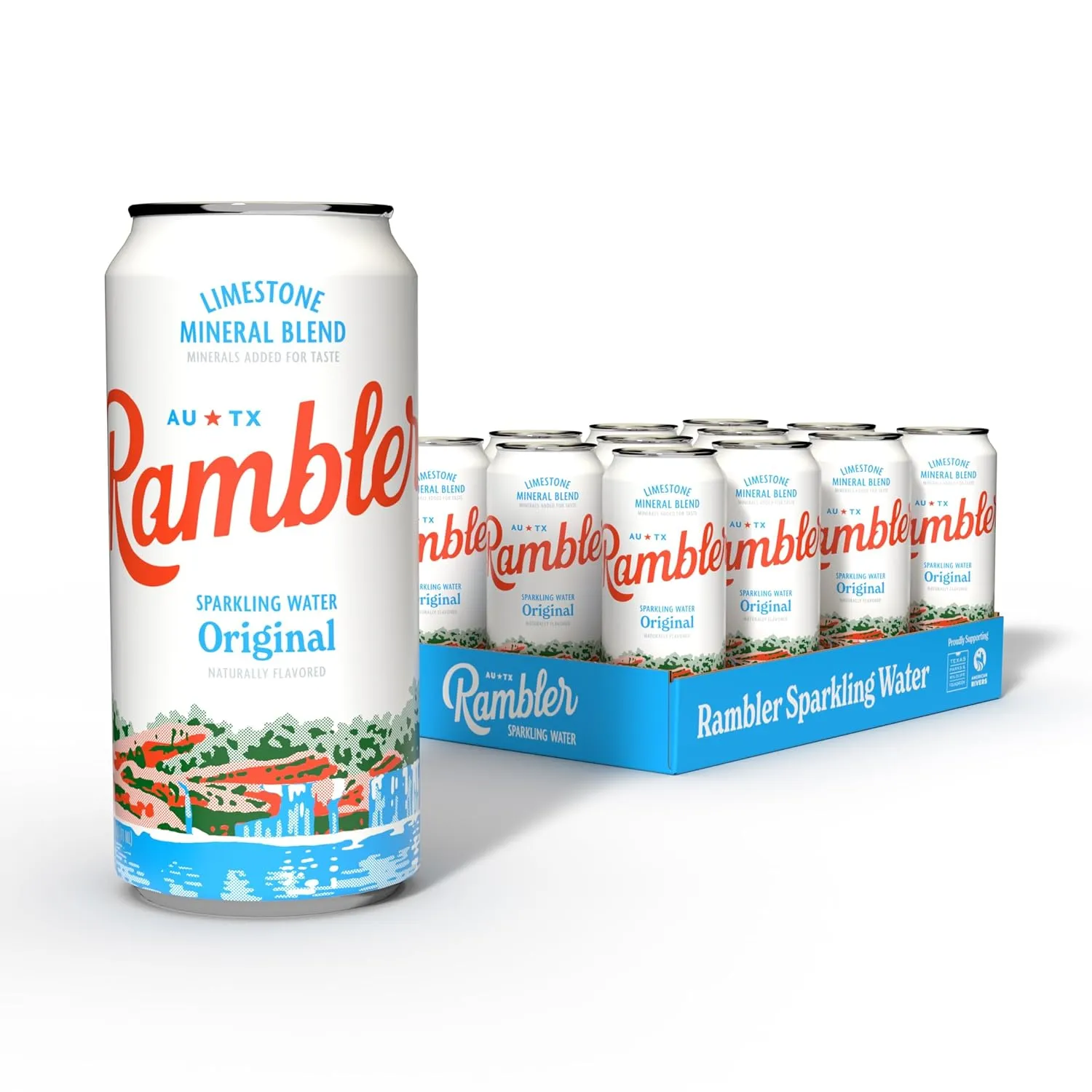AUTX RAMBLER Original Sparkling Water, 16oz Tallboy Cans, 12-Pack, Texas Limestone Filtered Sparkling Water