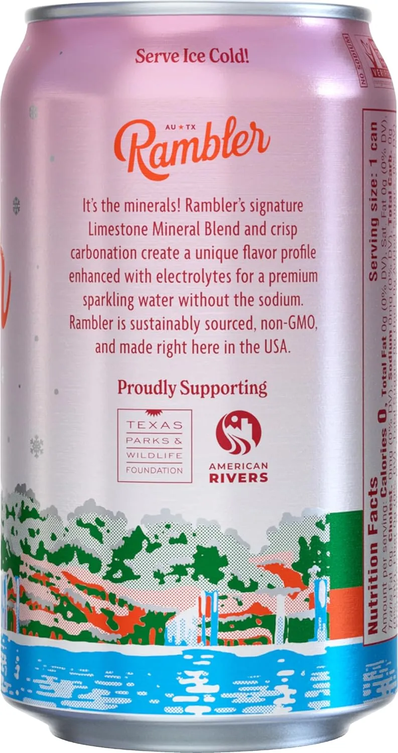 AUTX RAMBLER Sparkling Water, Limestone Mineral Blend, Cranberry Flavor, Limited Edition, 12 oz, Three 8-Packs (24 cans)