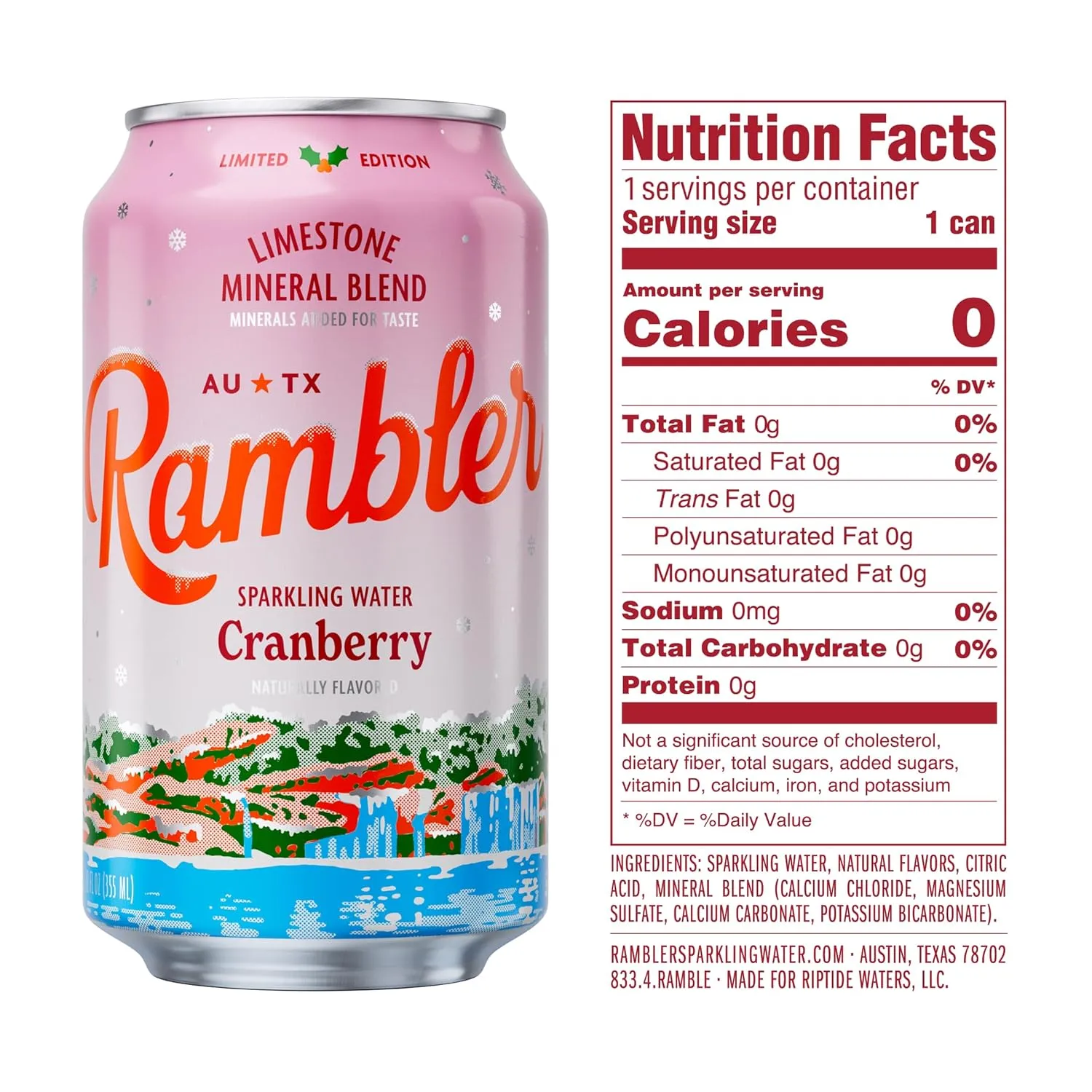 AUTX RAMBLER Sparkling Water, Limestone Mineral Blend, Cranberry Flavor, Limited Edition, 12 oz, Three 8-Packs (24 cans)