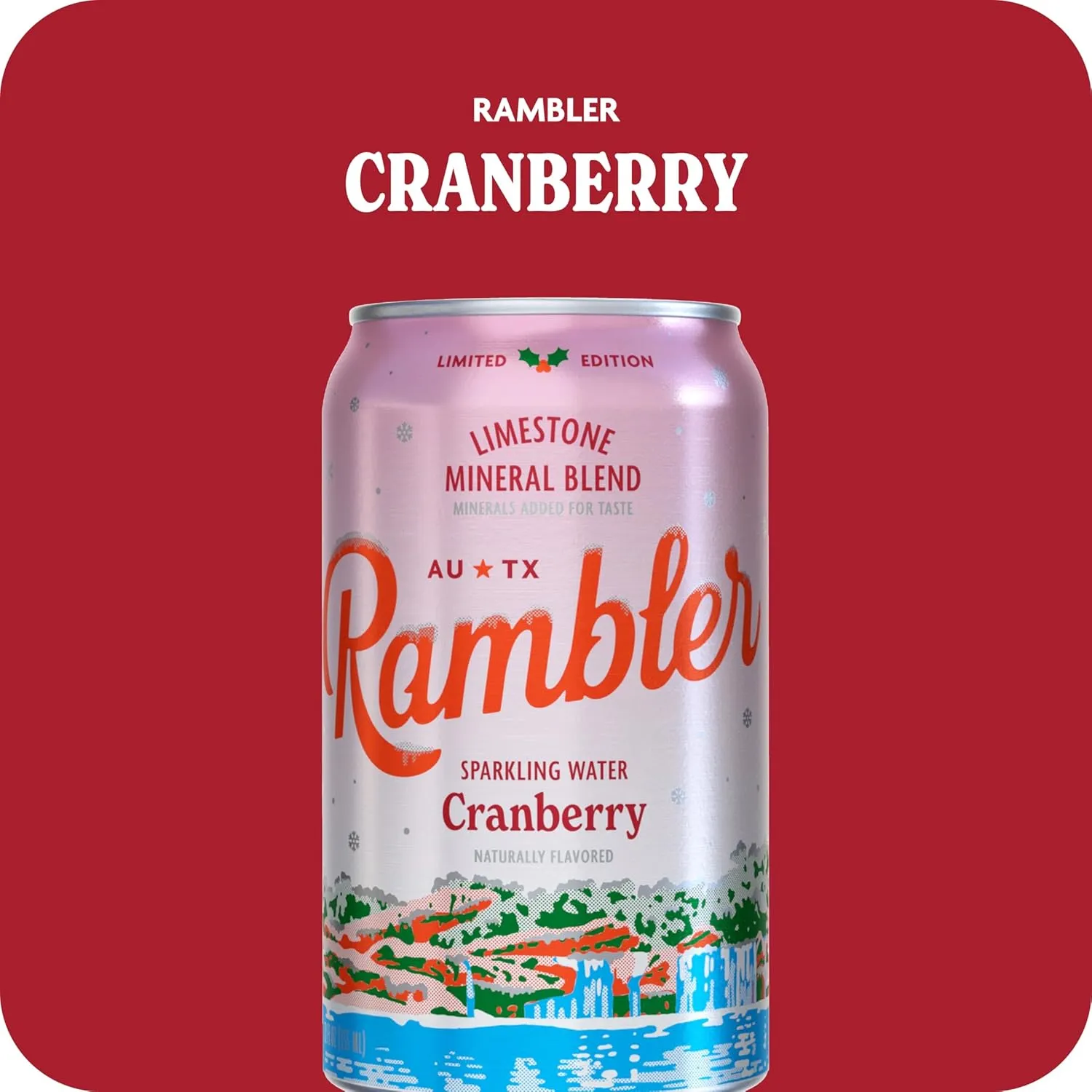 AUTX RAMBLER Sparkling Water, Limestone Mineral Blend, Cranberry Flavor, Limited Edition, 12 oz, Three 8-Packs (24 cans)
