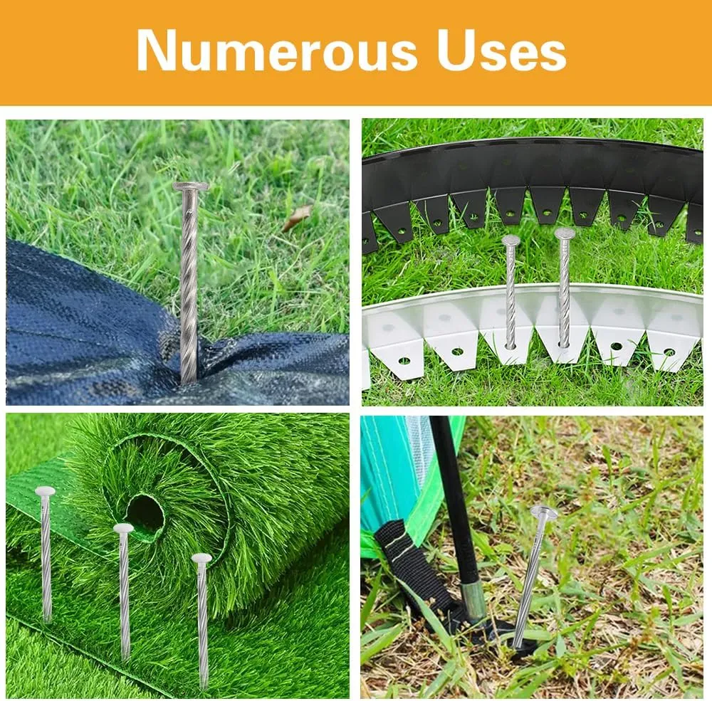 Bakulyor 100 Pack Metal Landscape Stakes, 6 Inch Artificial Turf Spikes, 6 Gauge Large Landscaping Nails, Galvanised Edging Anchoring Staple for Garden Ground Grass Lawn Paver Timber Weed Barrier - 6"