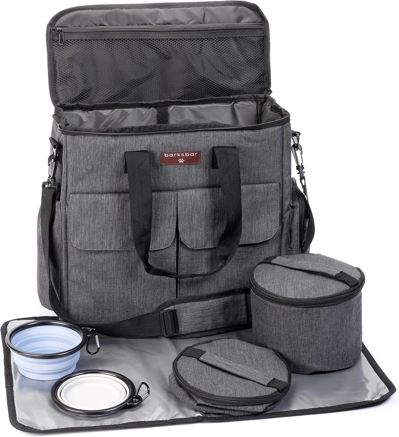BarksBar Dog Travel Bag for Day Trips & Vacations with Collapsible Bowls, Food Storage Bags, Placemat, and Endless Storage (Gray)